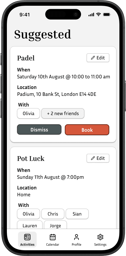 Activity suggestion screen